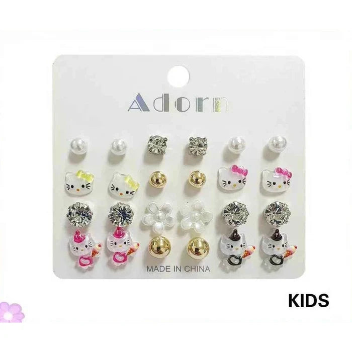 12-Pair Kids Cute Cartoon Kitty & Flower Stud Earring Set – Faux Pearl, Rhinestone & Enamel Earrings for Girls (LER37)