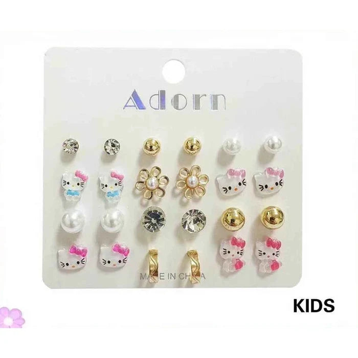 12-Pair Kids Cute Kitty Earring Set – Cute Character Studs, Faux Pearls, Rhinestones & Gold-Tone Huggie Hoops for Girls (LER38)