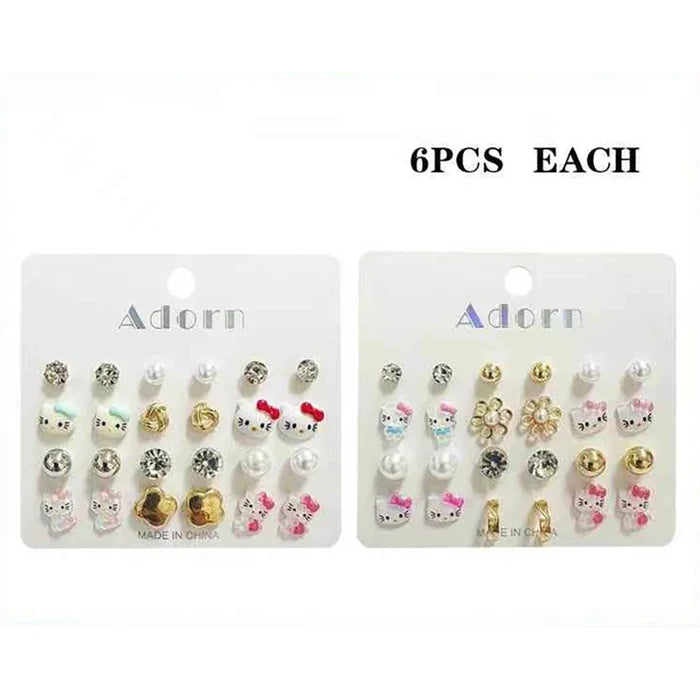 12-Pair Kids Cute Kitty Earring Set – Cute Character Studs, Faux Pearls, Rhinestones & Gold-Tone Huggie Hoops for Girls (LER38)