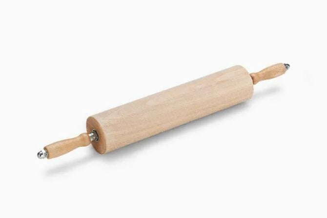 A beige 14 inch heavy duty rolling pin made of wood, with a metal shaft and end cap.
