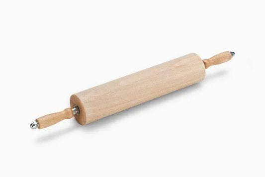 A beige 14 inch heavy duty rolling pin made of wood, with a metal shaft and end cap.