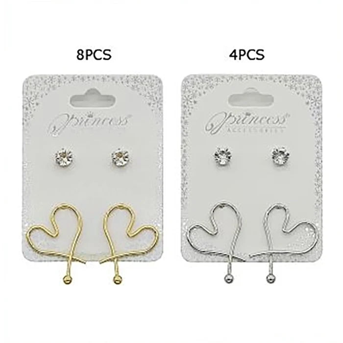 2-Pair Heart Wire Dangle & Rhinestone Stud Earrings Set – Gold & Silver Tone Fashion Jewelry Set for Women (EF-2110GS)