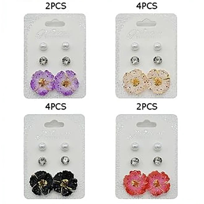 3-Pair Floral Stud Earring Set – Pearl, Rhinestone, & Resin Flower Earrings for Women & Girls (EF-6060S)