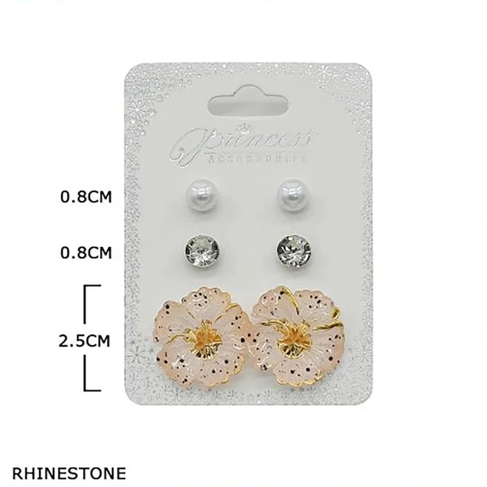 3-Pair Floral Stud Earring Set – Pearl, Rhinestone, & Resin Flower Earrings for Women & Girls (EF-6060S)