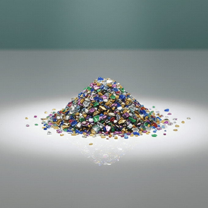 Pile of multicolored gemstones on a gray surface with a spotlight effect