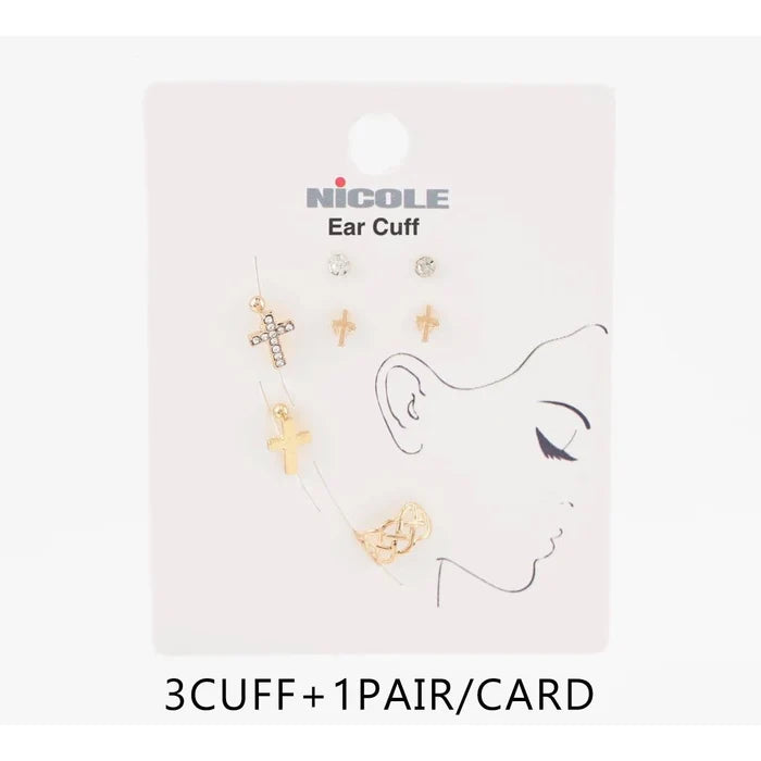 5-Piece Ear Cuff & Stud Earring Set - Cross & Celtic Wire Designs, Gold/Silver Tone (CR4200)