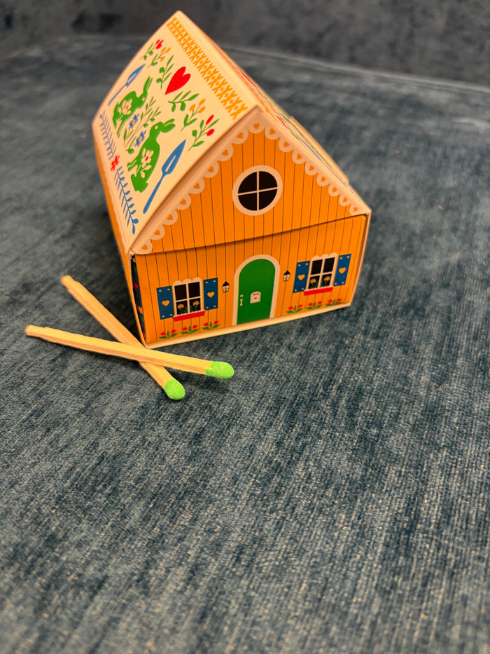 Swedish Dream® Tiny Living yellow matchbox cottage with matches, featuring a miniature yellow house design by Kalastyle Soap Co.