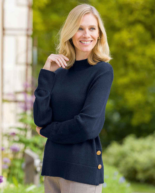 Ada Button Detail Turtle Neck Jumper - Navy - Country Collection