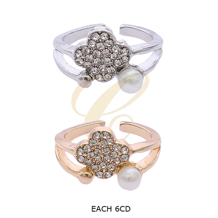 Adjustable Four-Leaf Clover Crystal Ring with Faux Pearl – Open Band Rhinestone Statement Ring for Women, Gold & Silver Finish (RRN-0622GS)
