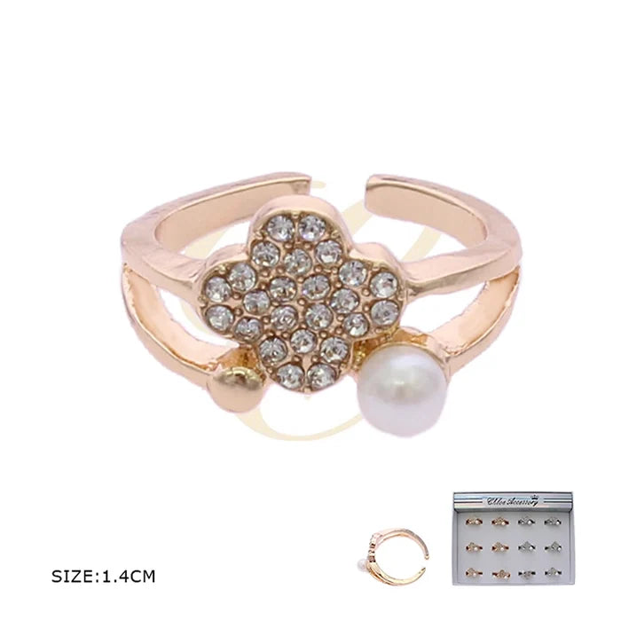 Adjustable Four-Leaf Clover Crystal Ring with Faux Pearl – Open Band Rhinestone Statement Ring for Women, Gold & Silver Finish (RRN-0622GS)