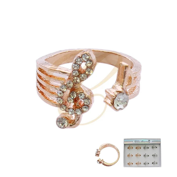 Adjustable Musical Clef Open Ring – Rhinestone Treble Clef & Eighth Note Statement Jewelry in Gold and Silver (RRN-0709GS)