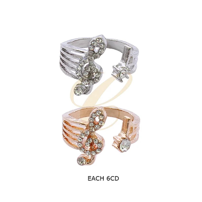 Adjustable Musical Clef Open Ring – Rhinestone Treble Clef & Eighth Note Statement Jewelry in Gold and Silver (RRN-0709GS)