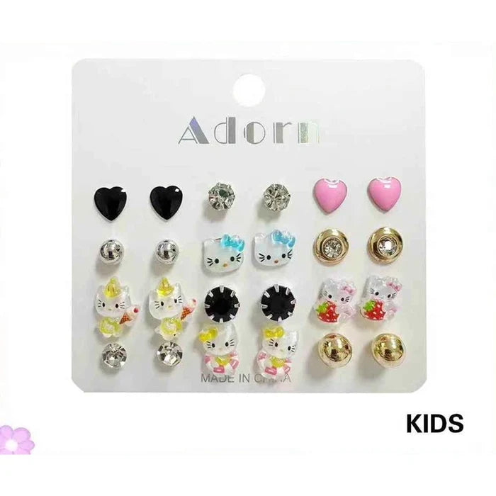 Adorn 12-Pair Cute Kids Stud Earrings Set – Multi-Pack Featuring Hello Kitty Characters, Rhinestone Hearts, Pearl & Gold Accents (LER39)