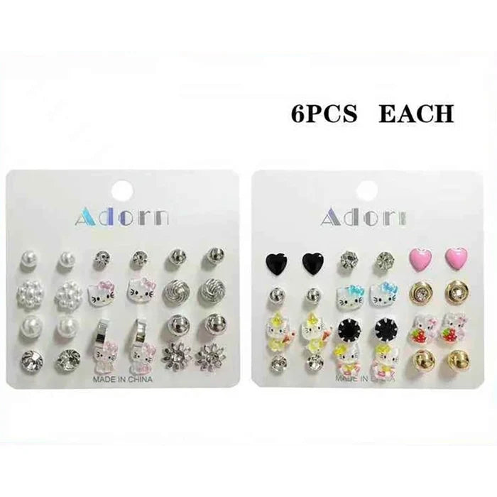 Adorn 12-Pair Cute Kids Stud Earrings Set – Multi-Pack Featuring Hello Kitty Characters, Rhinestone Hearts, Pearl & Gold Accents (LER39)