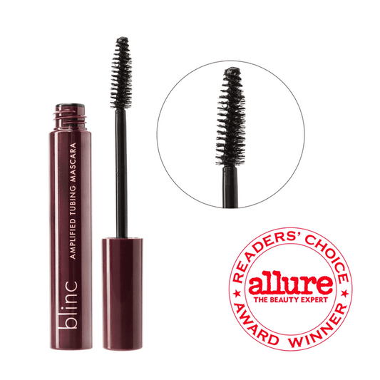 Amplified Tubing Mascara | Blinc with a close-up of the mascara wand showing dense bristles designed for volumizing lashes, featuring an Allure Readers’ Choice Award badge.