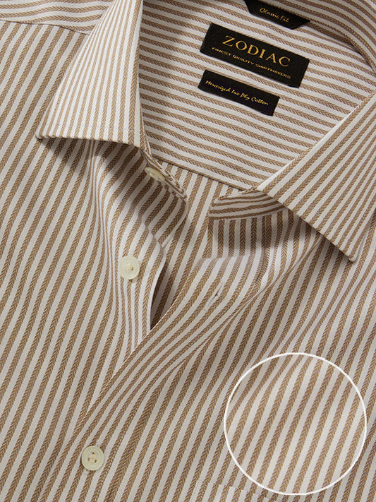 Antonello Beige Striped Full Sleeve Single Cuff Classic Fit Classic Formal Two Ply Mercerized Cotton Shirt
