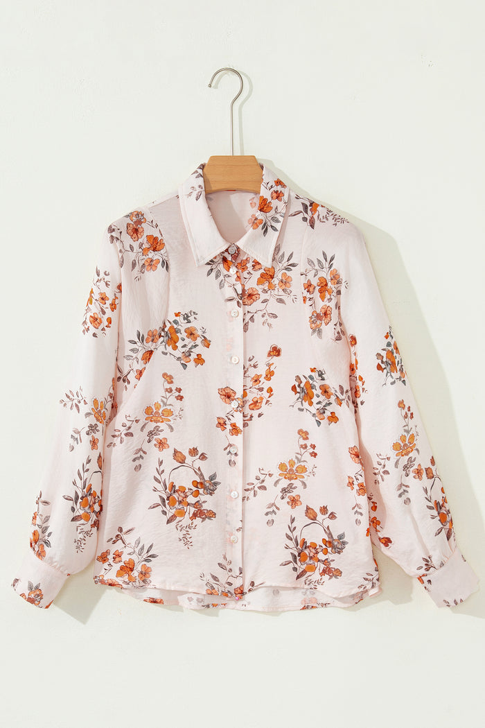 Apricot Floral Printed Silky Button Up Long Sleeve Shirt