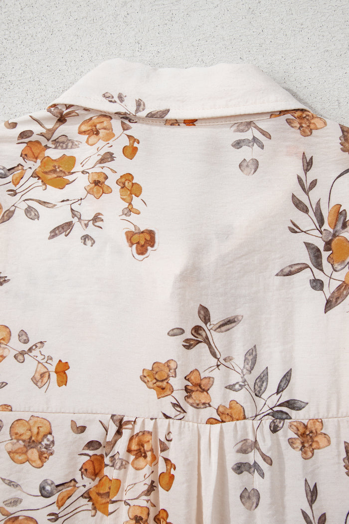 Apricot Floral Printed Silky Button Up Long Sleeve Shirt