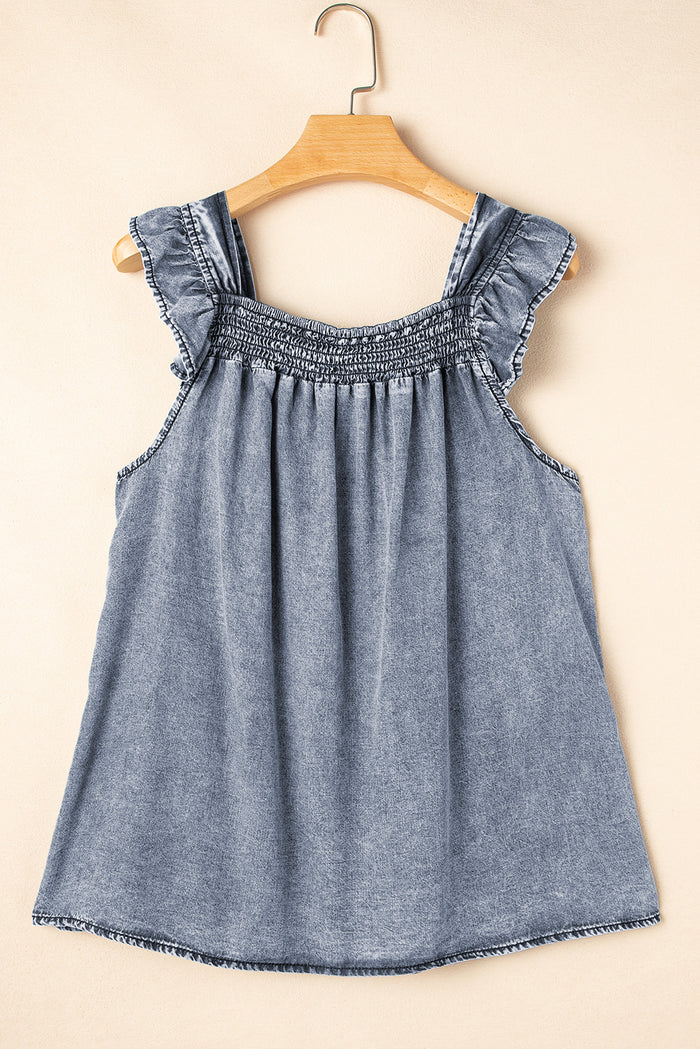 Ashleigh Blue Ruffled Shirred Neckline Sleeveless Denim Tank Top