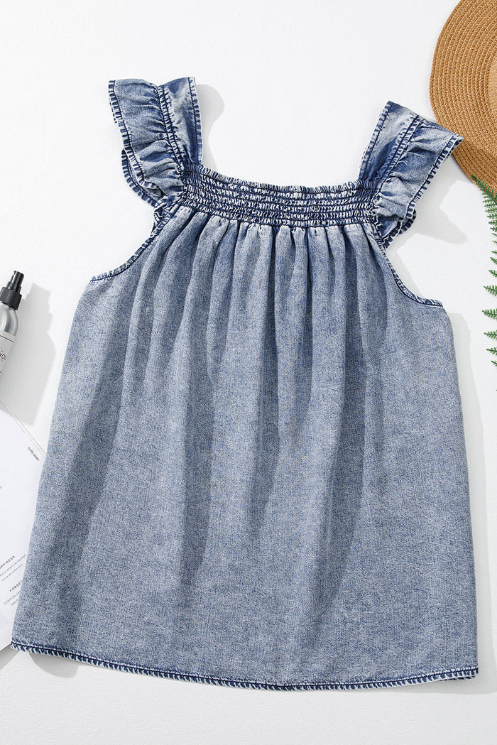 Ashleigh Blue Ruffled Shirred Neckline Sleeveless Denim Tank Top