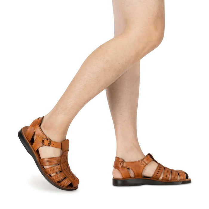 Model wearing Barak honey, handmade leather sandals fisherman sandal silhouette