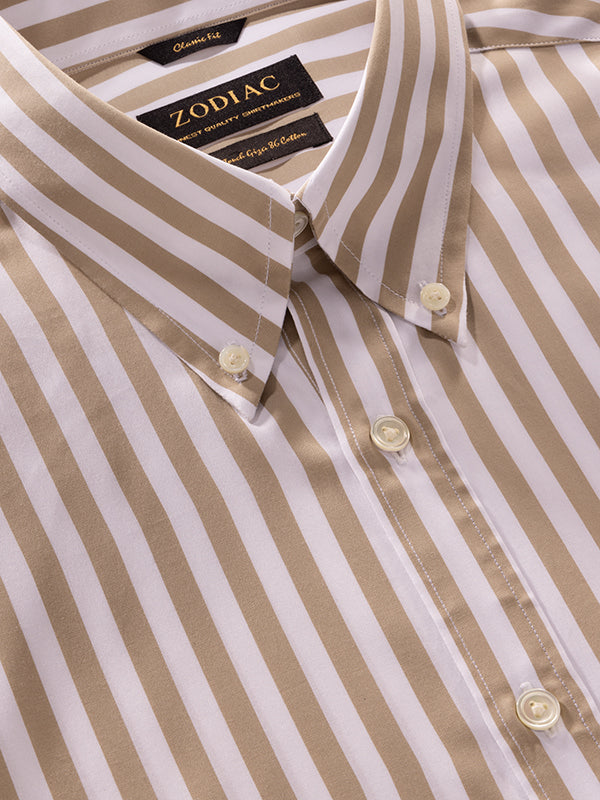 Barboni Beige Striped Full Sleeve Single Cuff Classic Fit Classic Formal Silk Touch Egyptian Giza Cotton Shirt