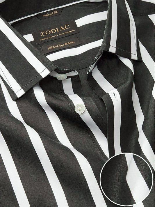 Barboni Black & White Striped Full Sleeve Single Cuff Tailored Fit  Formal Silk Touch Egyptian Giza Cotton Shirt