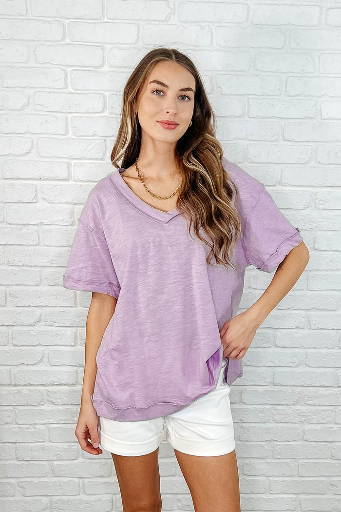 Basic Instinct Drop Shoulder V-Neck Tee in Lilac