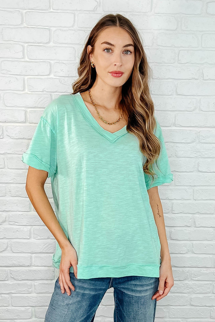 Basic Instinct Drop Shoulder V-Neck Tee in Mint