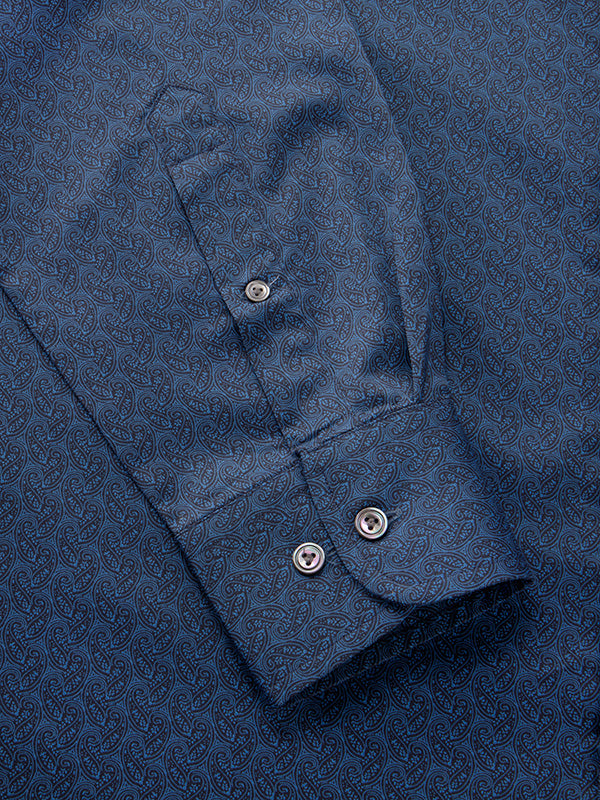 Bassano Navy Printed Full Sleeve Single Cuff Classic Fit Semi Formal Dark Cotton Shirt