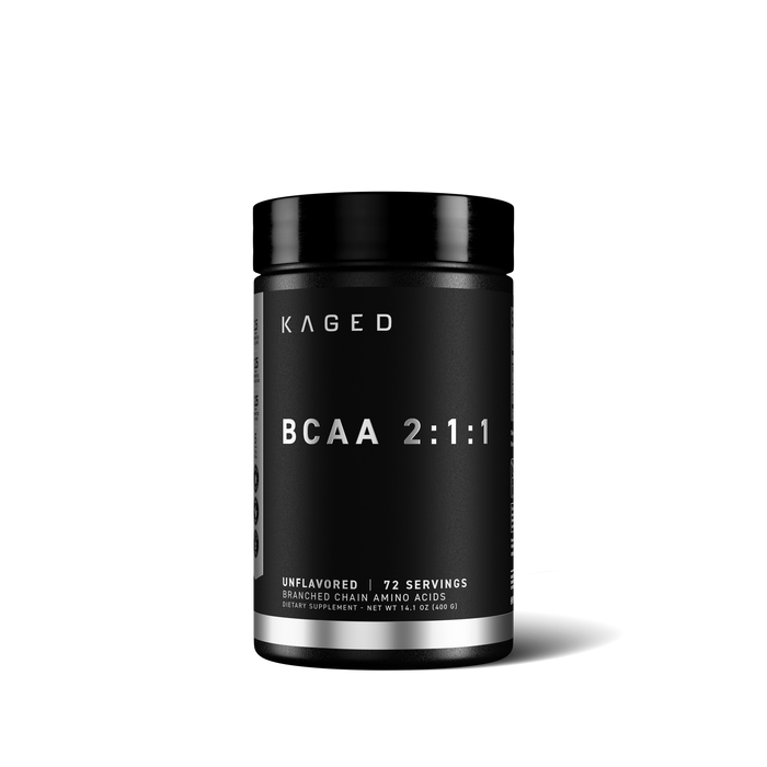 Front view of Kaged BCAA 2:1:1 supplement jar showcasing unflavored 72 servings label on black background