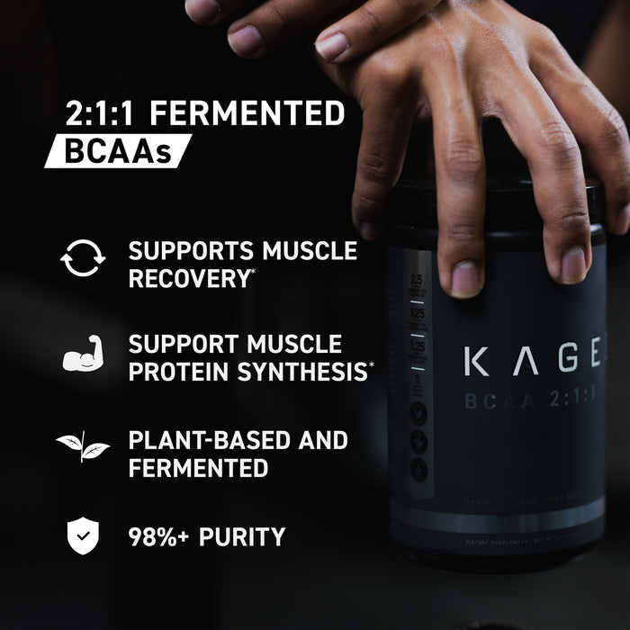 Right close-up of KAGED BCAA 2:1:1 jar showcasing 2:1:1 Fermented BCAAs headline and benefits text with dark background