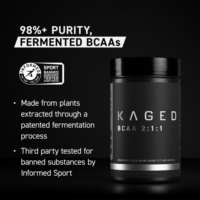 Right-side view of BCAA 2:1:1 container showing headline 98 percent plus purity fermented BCAAs on black background