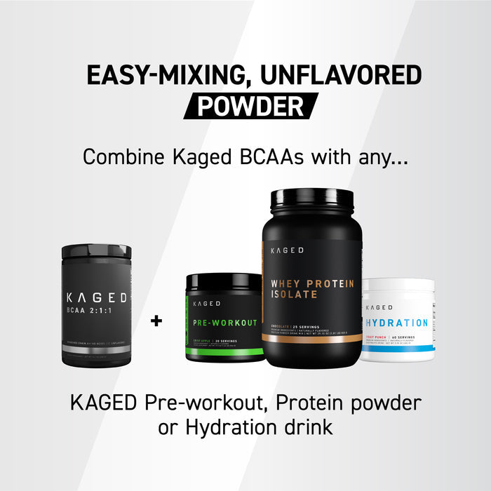 Banner with headline Easy-mixing, unflavored powder and Kaged supplement bottles on a light gradient background