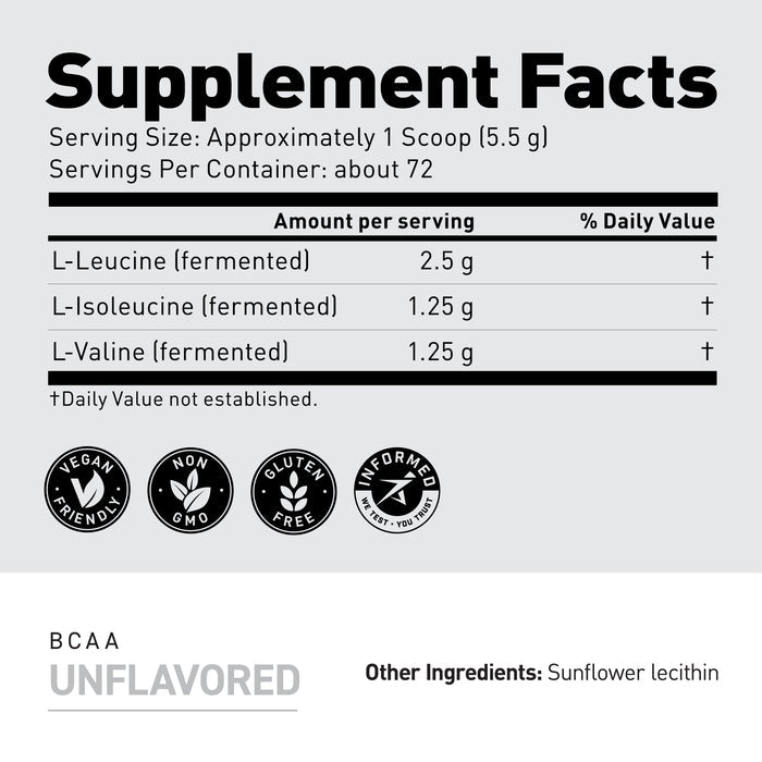 Supplement Facts label: serving size 1 scoop (5.5 g); per serving L‑Leucine 2.5 g, L‑Isoleucine 1.25 g, L‑Valine 1.25 g
