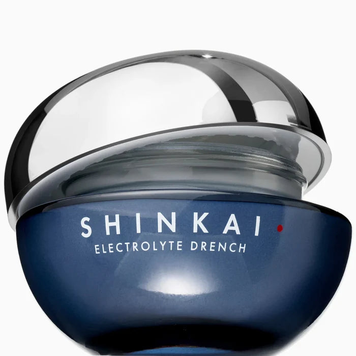 Beauty Pie Shinkai Electrolyte Drench 3-in-1 deep hydrating gel cream in a sleek moisturizer jar with a blue lid.
