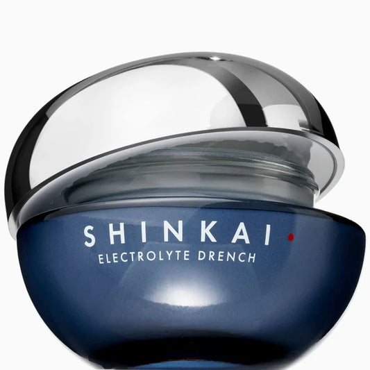 Beauty Pie Shinkai Electrolyte Drench 3-in-1 deep hydrating gel cream in a sleek moisturizer jar with a blue lid.