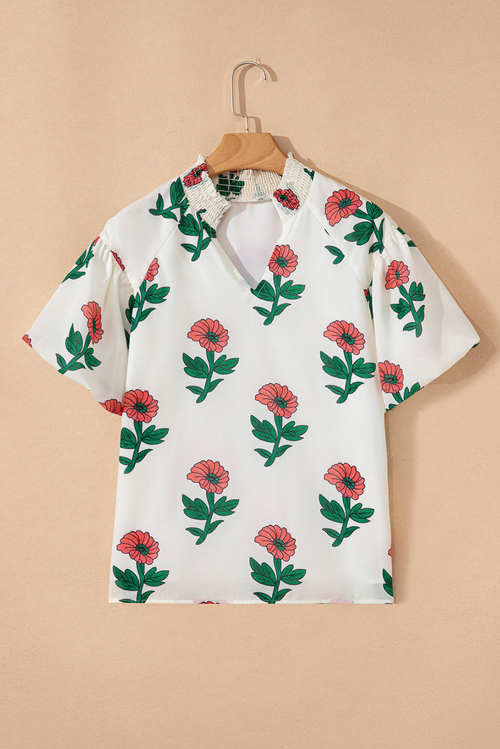 Beige Floral Print Shirred Split Neck Short Sleeve Blouse