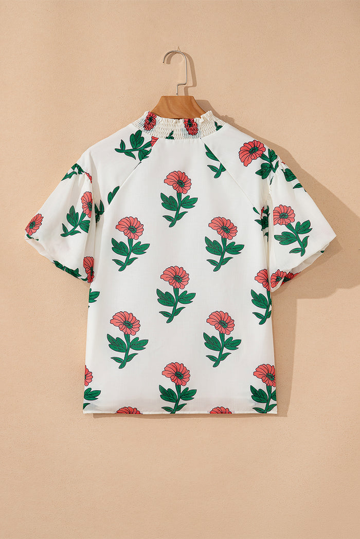 Beige Floral Print Shirred Split Neck Short Sleeve Blouse