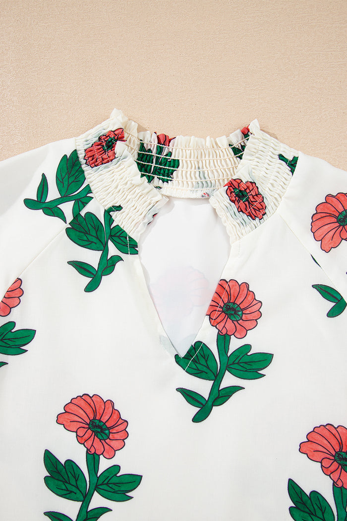 Beige Floral Print Shirred Split Neck Short Sleeve Blouse