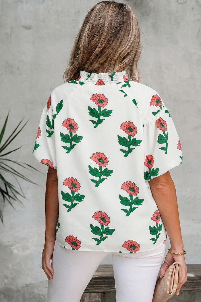 Beige Floral Print Shirred Split Neck Short Sleeve Blouse