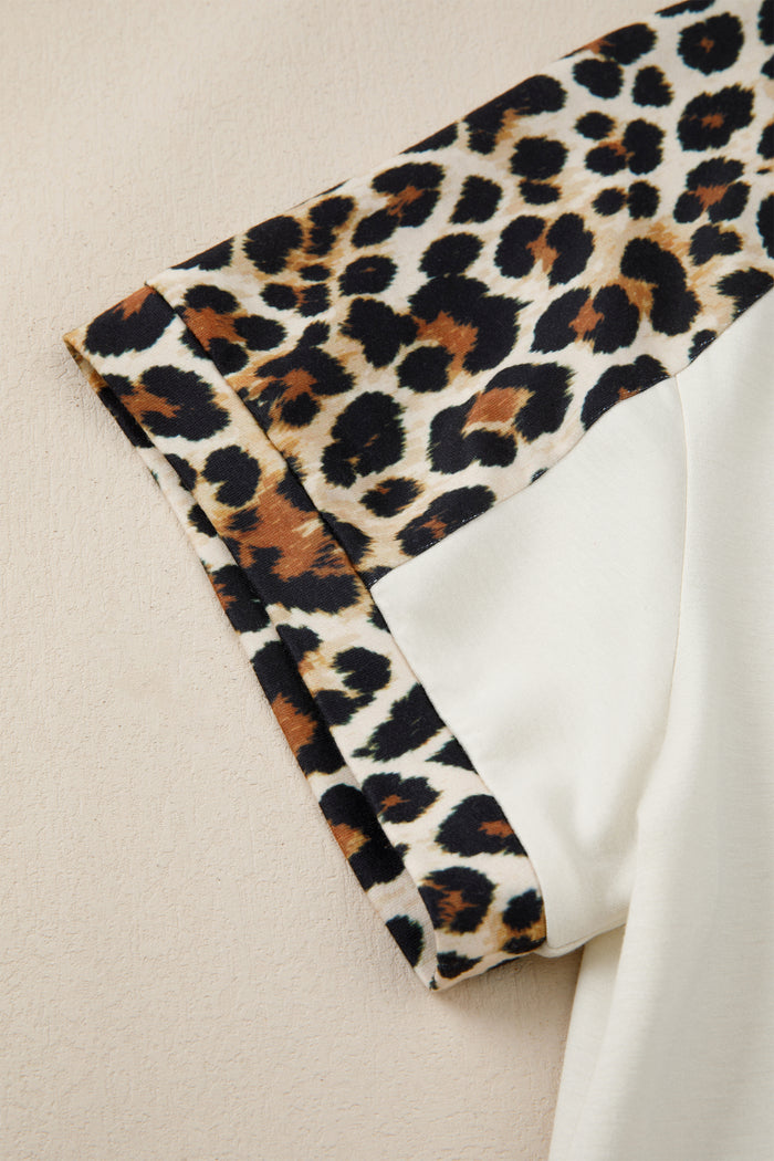 Beige Leopard Patchwork Half Button Short Sleeve Top