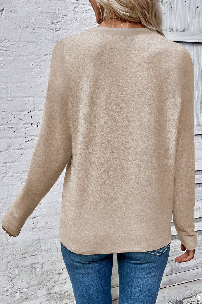 Beige Leopard Print Detail Round Neck Long Sleeve Top