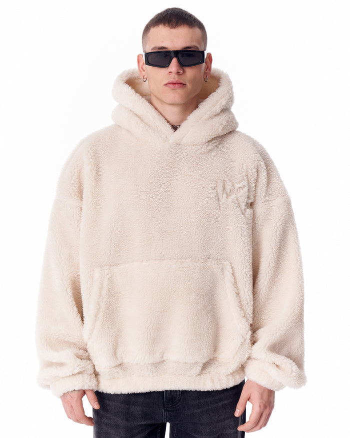 Beige Plush Hoodie With Embroidery Print