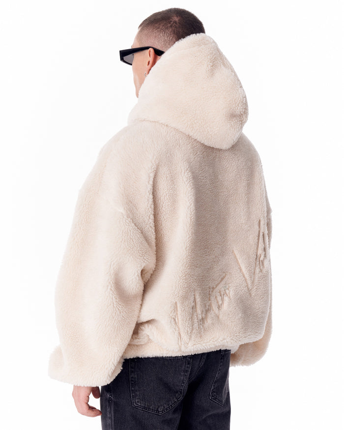 Beige Plush Hoodie With Embroidery Print (4)