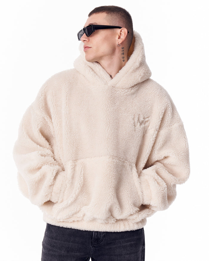 Beige Plush Hoodie With Embroidery Print (5)