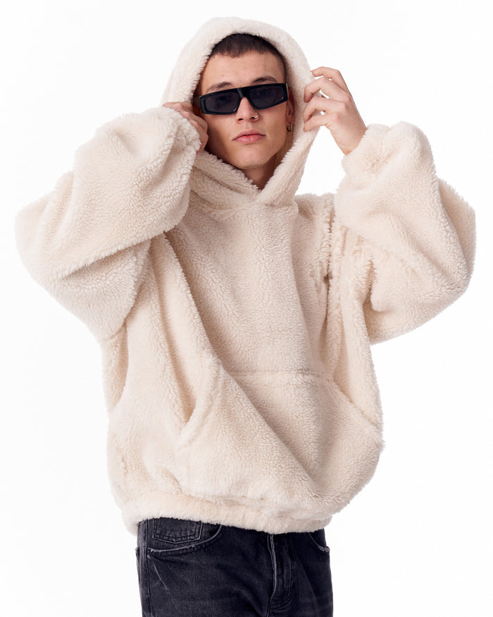 Beige Plush Hoodie With Embroidery Print (7)