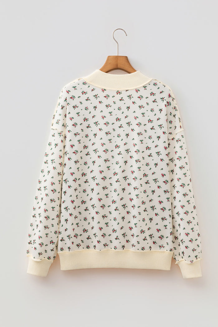 Beige Ribbed High Neck Patchwork Floral Print Baggy Pullover Sweatshirt