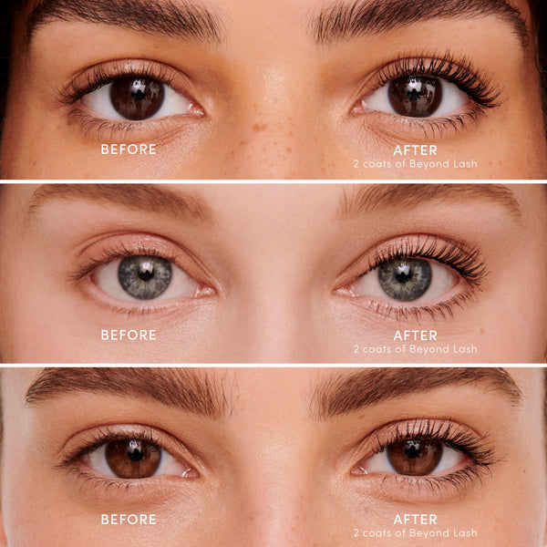 Close-up comparison of eyes before and after applying two coats of Beyond Lash Volumizing Mascara | Jane Iredale, showing enhanced volume and length of lashes on three different models.