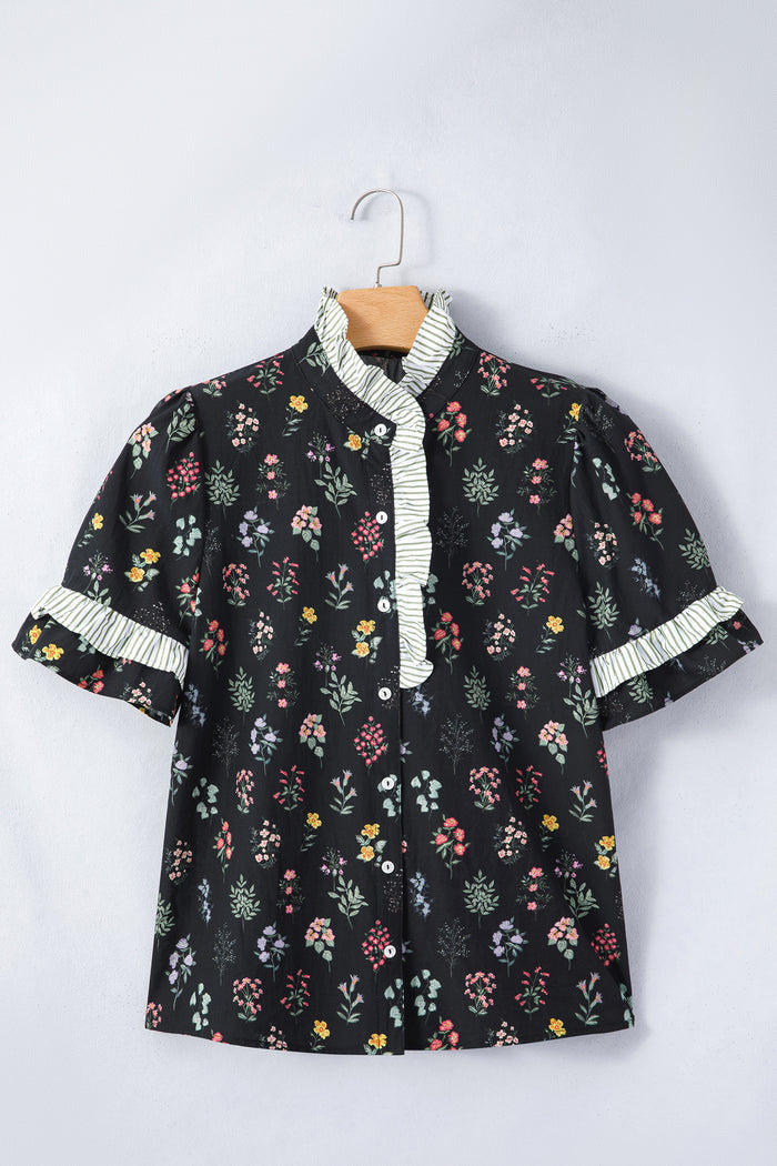 Black Contrast Frilled Trim Short Sleeve Floral Shirt